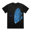 A black short-sleeve t-shirt featuring a large blue graphic print of a distorted face on the front, with the text 'fontaines d.c.'