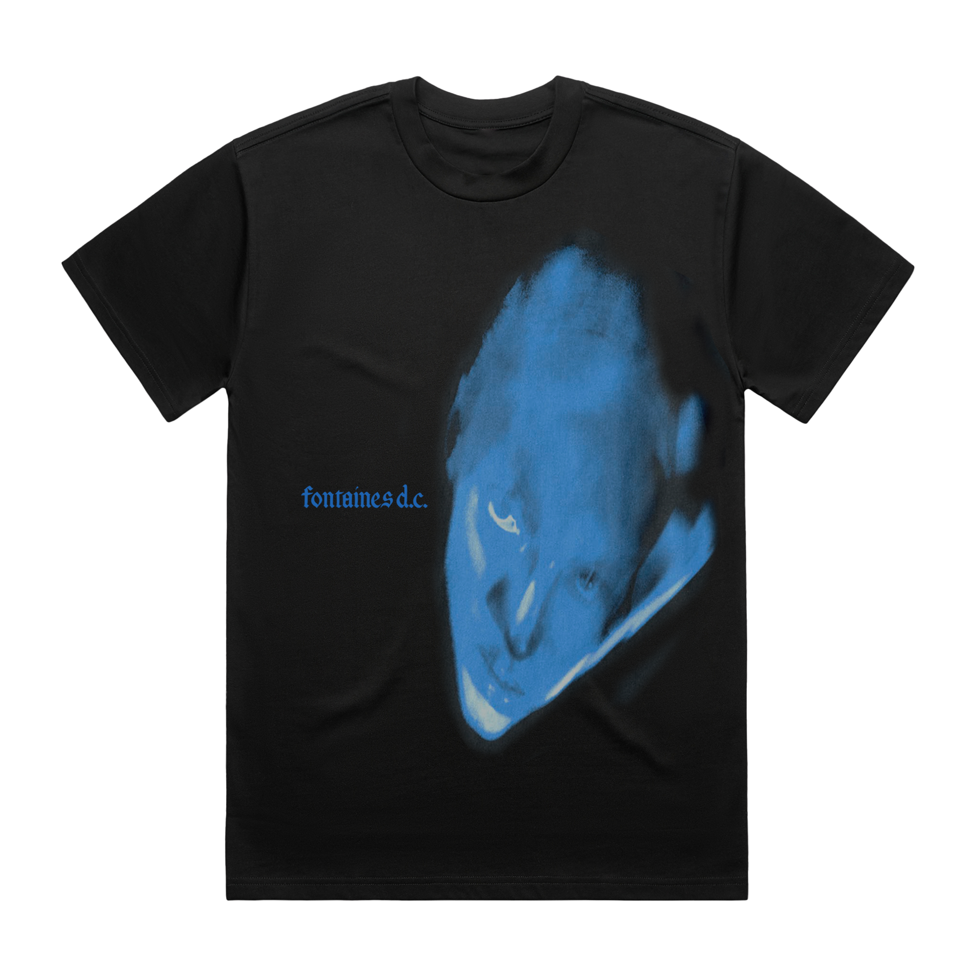 A black short-sleeve t-shirt featuring a large blue graphic print of a distorted face on the front, with the text 'fontaines d.c.'