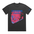 A charcoal gray t-shirt featuring a graphic print of a face in pink and blue
with the text 'DOPAMINE chamber' in blue.