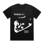 A black short-sleeve graphic t-shirt featuring a white print of a face and the text 'fontaines d.c.'