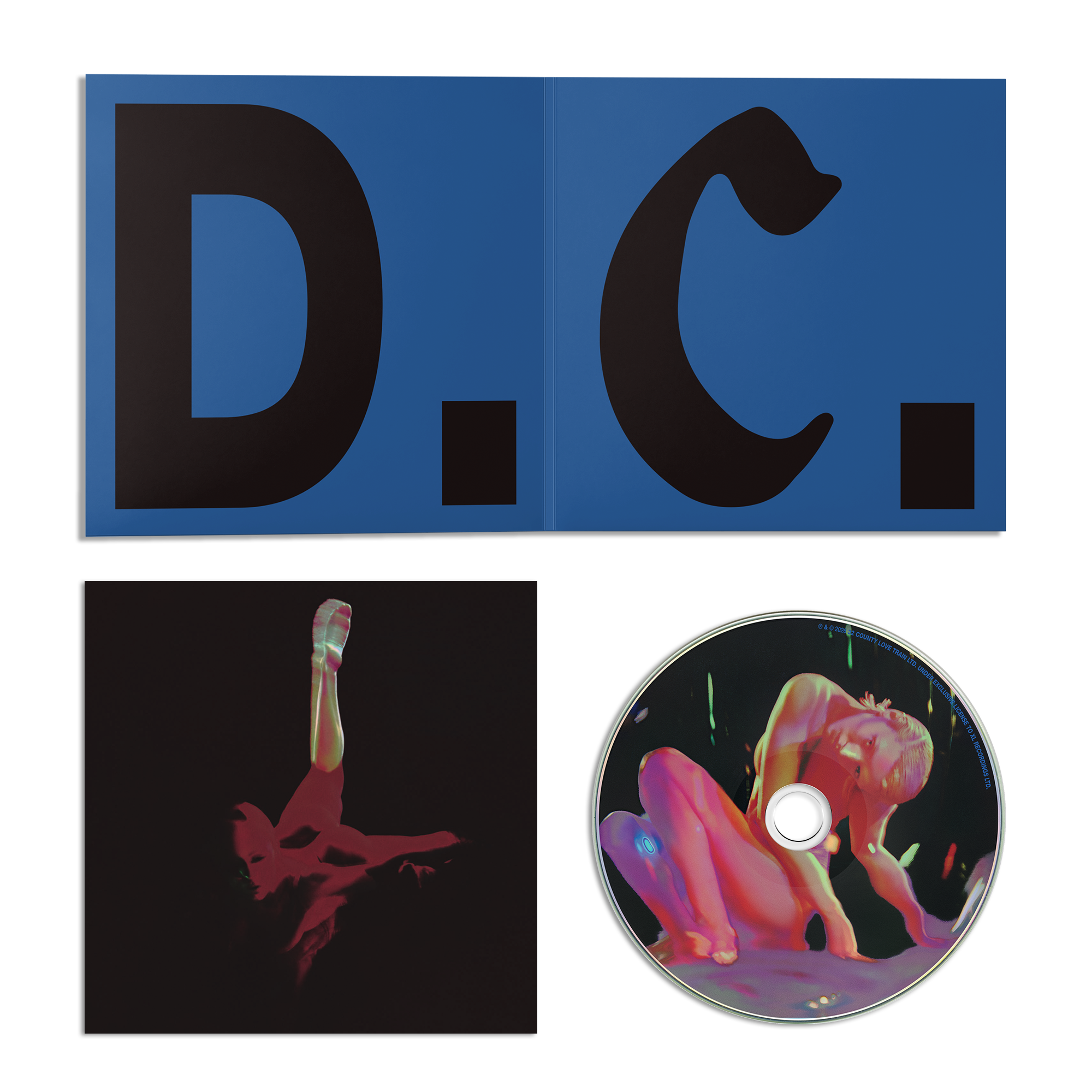 Blue 'D.C.' CD insert, print with red distorted graphic, and CD with a neon artwork. 