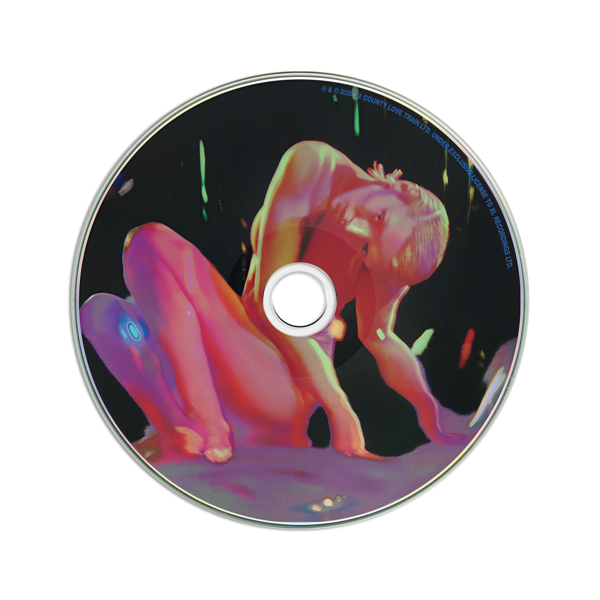 A disc with printed cover art featuring a stylized nude figure in pink and purple tones against a dark background.