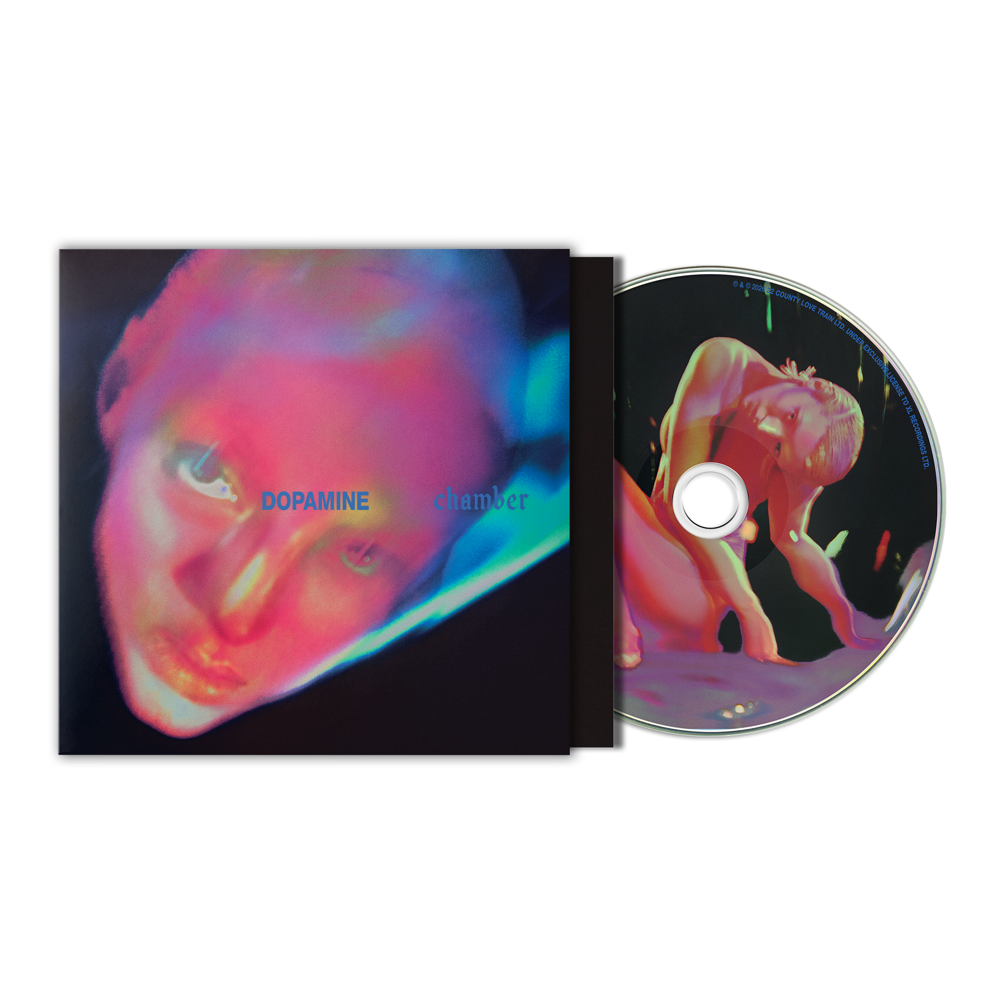 A CD album case and disc, featuring a  neon-toned graphic of a face on the cover and a stylized nude figure on the disc.