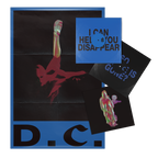 A vinyl record package, featuring a large black-and-blue cover with a red abstract figure, a blue and black record sleeves with text, and a small printed card with a neon graphic.
