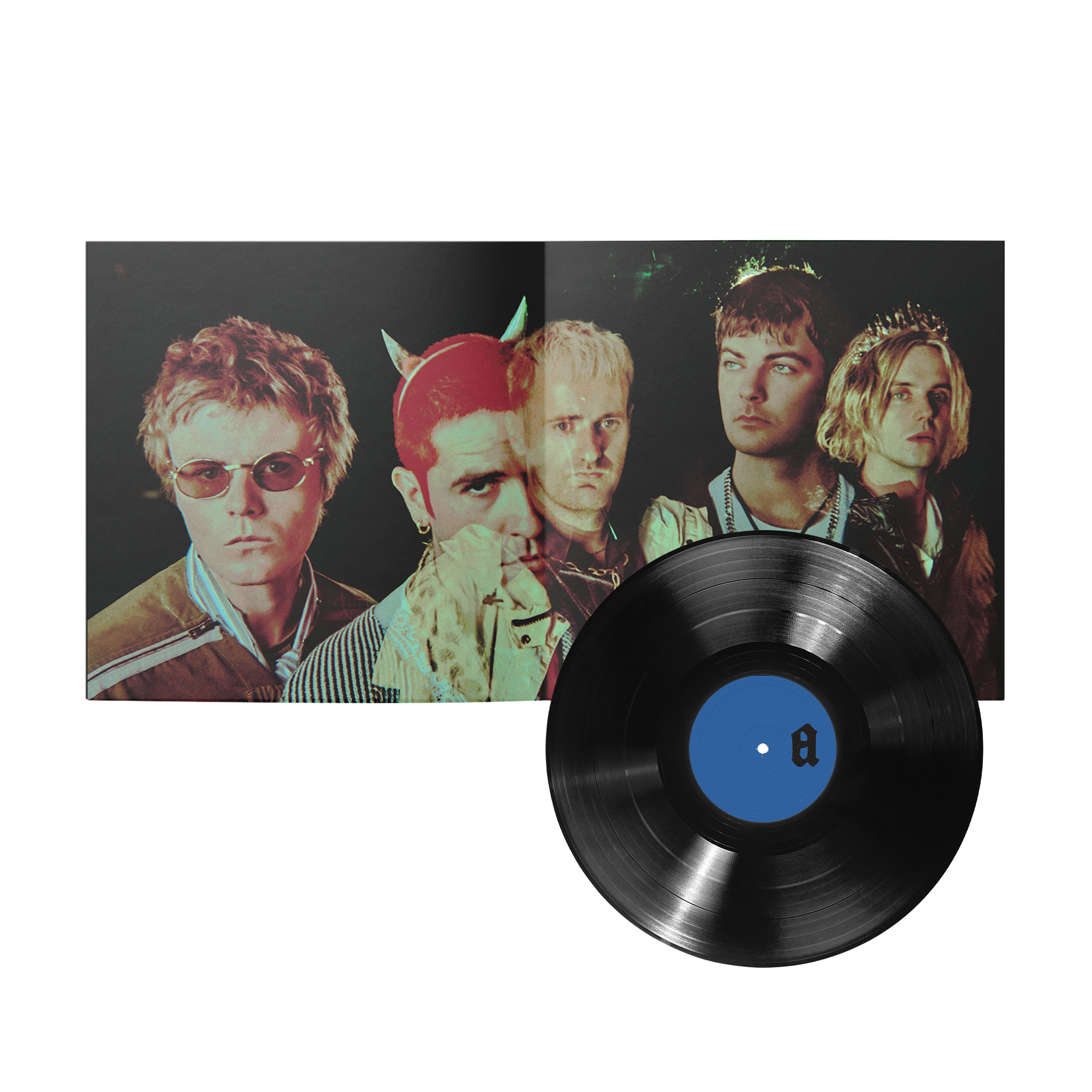 A vinyl record partially pulled from its open sleeve, showing a portrait cover and a black record with a blue center label.
