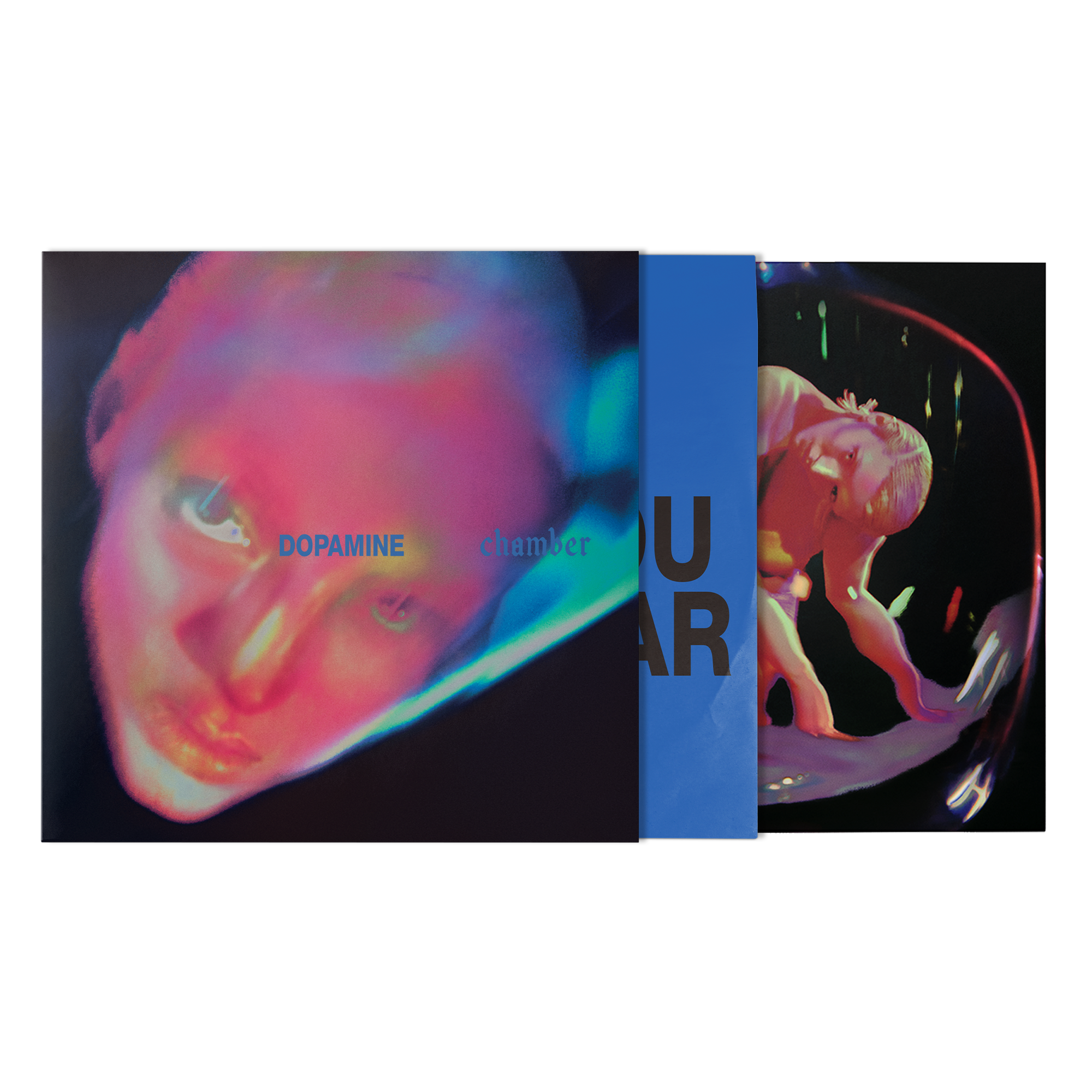 A vinyl record sleeve and inner sleeve. The artwork features a distorted, neon-toned close-up face, with a blue vertical band and dark text.