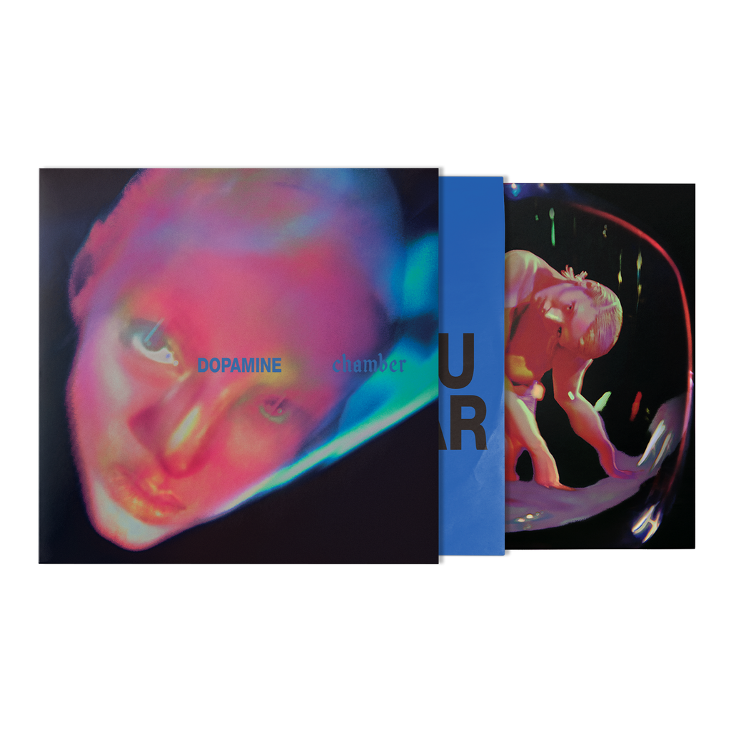 A vinyl record album cover and inner sleeve, neon-toned portrait on the cover and a matching abstract illustration on the inner sleeve.