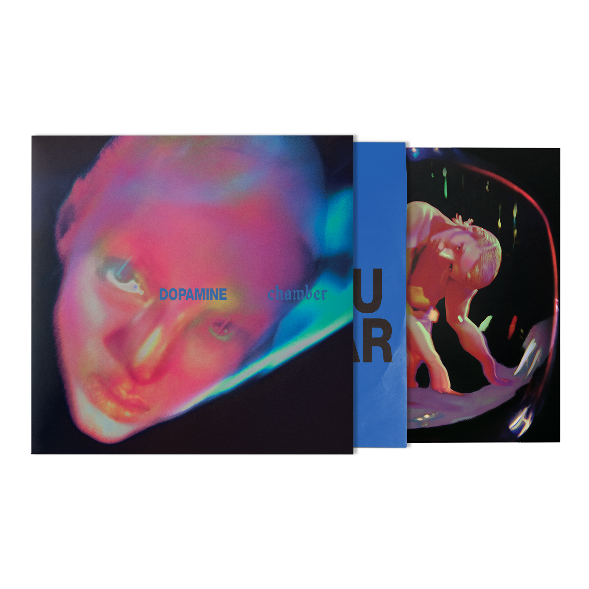 A vinyl record album cover and inner sleeve, neon-toned portrait on the cover and a matching abstract illustration on the inner sleeve.
