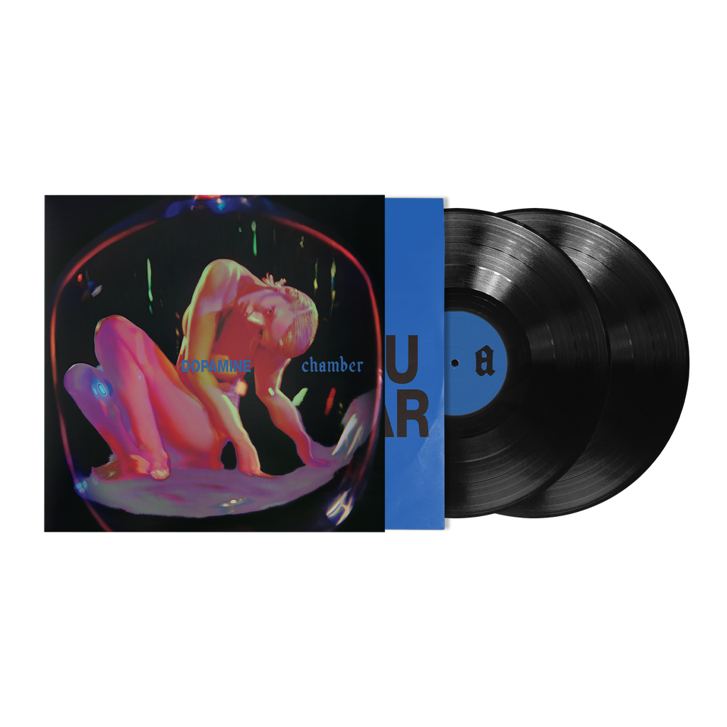 A vinyl record album with illustrated outer sleeve, a blue spine band, and two black records.