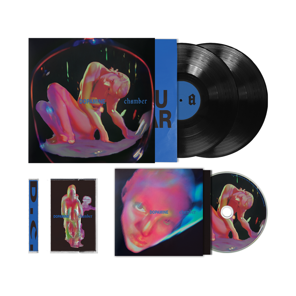 Vinyl record album set with a square album cover, two black LP records, a CD, and a CD case. The cover art shows a surreal pink and blue human figure inside a dark frame, with the title 'Dopamine Chamber' by Fontaines DC.