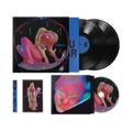 Vinyl record album set with a square album cover, two black LP records, a CD, and a CD case. The cover art shows a surreal pink and blue human figure inside a dark frame, with the title 'Dopamine Chamber' by Fontaines DC.