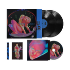 Vinyl record album set with a square album cover, two black LP records, a CD, and a CD case. The cover art shows a surreal pink and blue human figure inside a dark frame, with the title 'Dopamine Chamber' by Fontaines DC.
