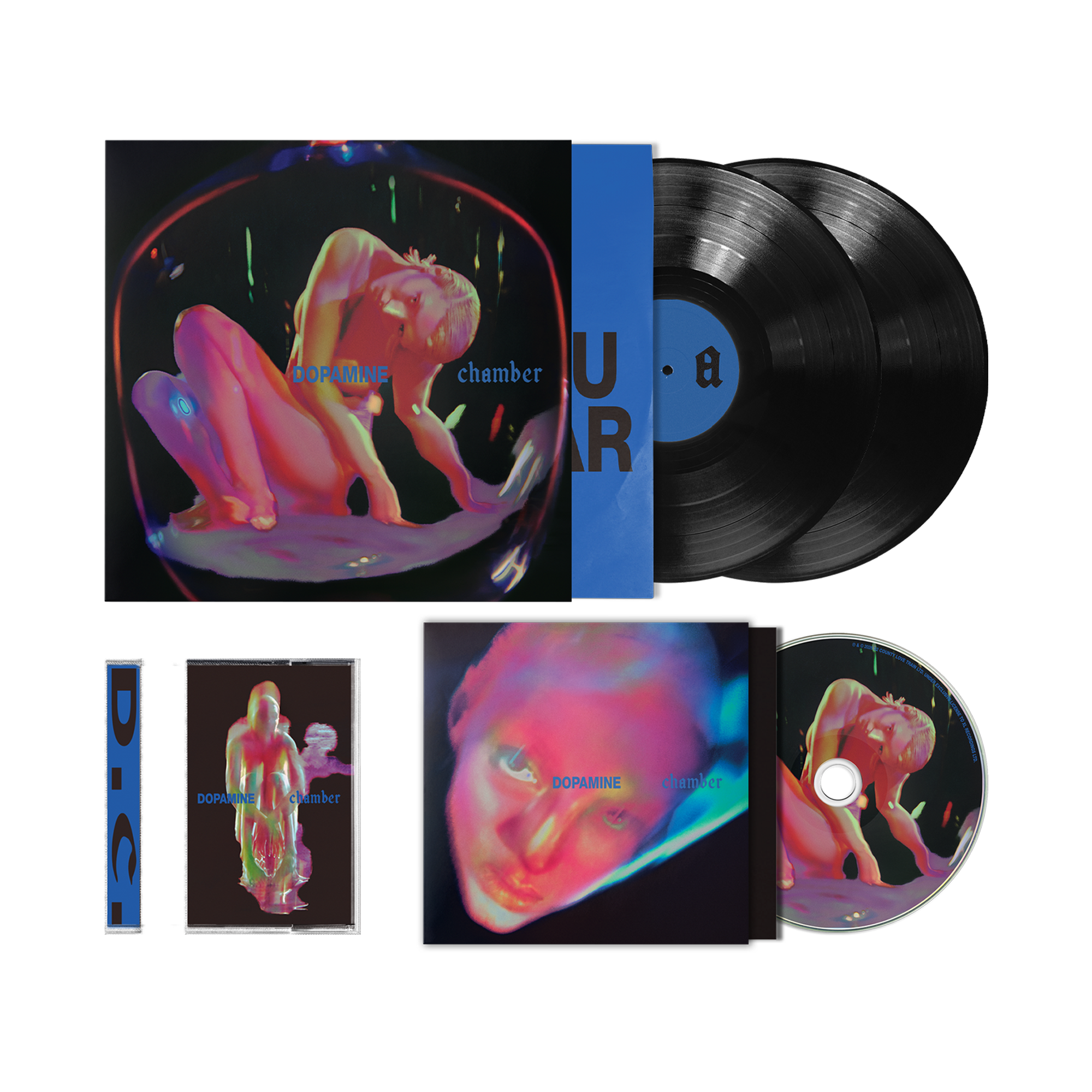 Vinyl record album set with a square album cover, two black LP records, a CD, and a CD case. The cover art shows a surreal pink and blue human figure inside a dark frame, with the title 'Dopamine Chamber' by Fontaines DC.